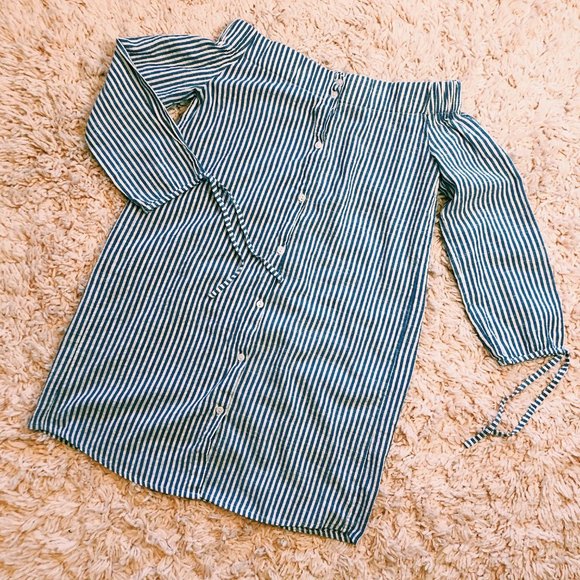 Love Notes Blue Striped Off-The-Shoulder Dress - Picture 2 of 9